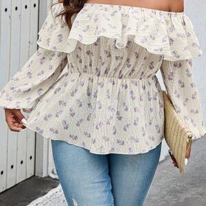 Vintage vibes Cream and Purple Floral Off-Shoulder Blouse